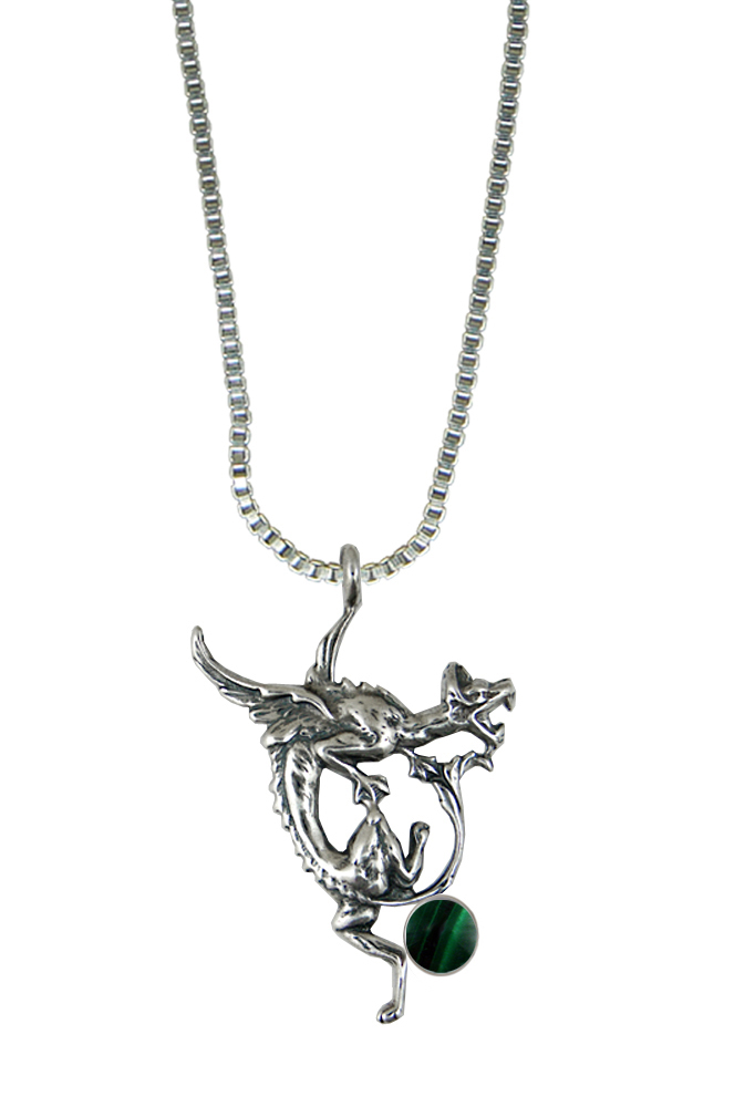 Sterling Silver Screaming Dragon Pendant With Malachite